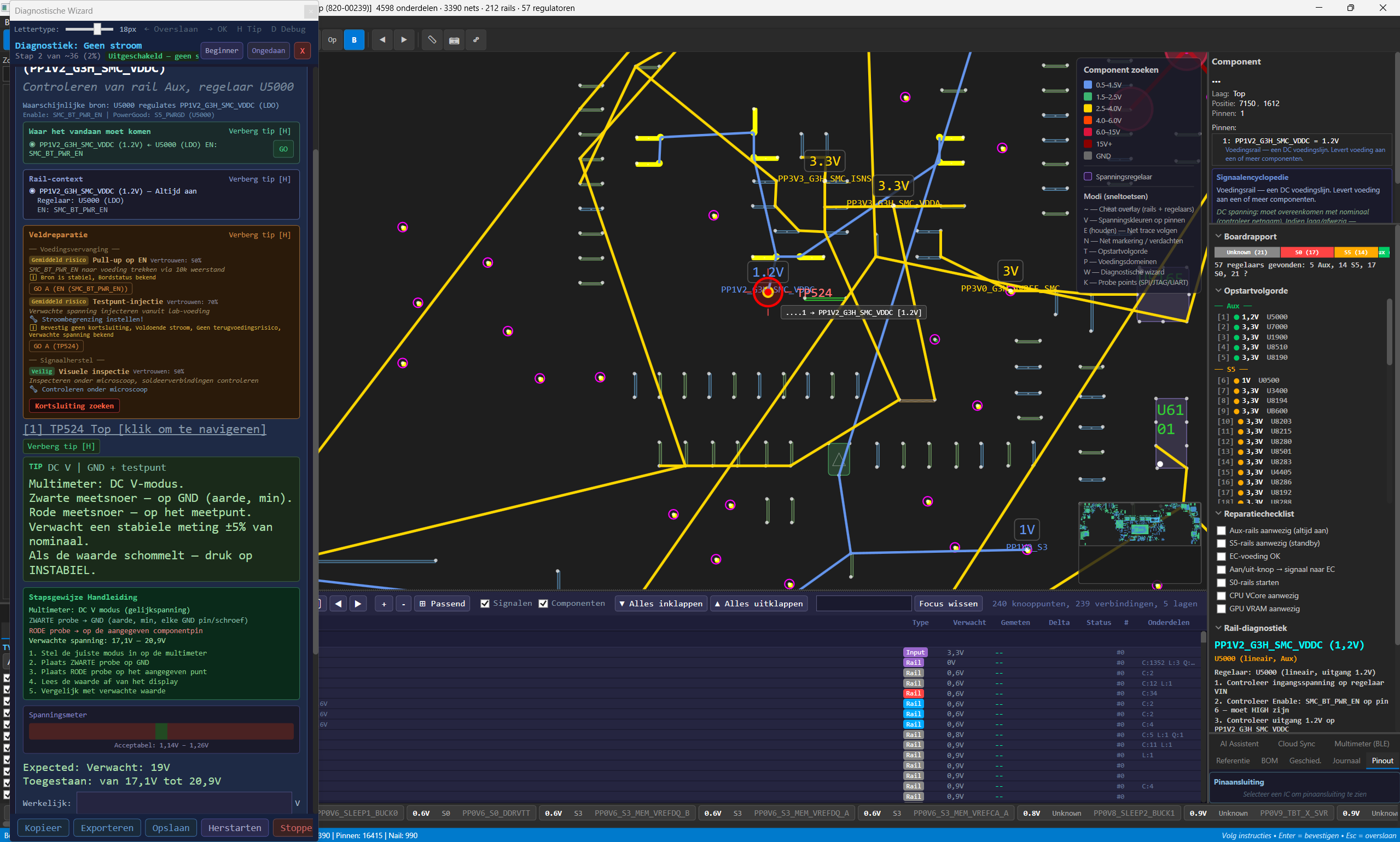 EasySoldering diagnostisch overzicht met voedingsrails en componentanalyse